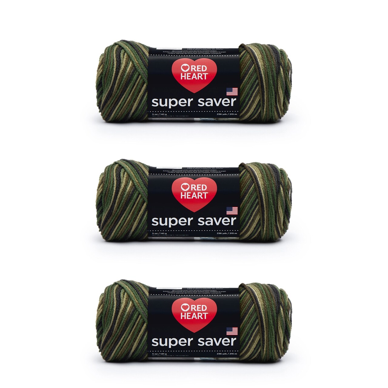Red Heart Super Saver Camouflage Yarn - 3 Pack of 141g/5oz - Acrylic - 4 Medium (Worsted) - 236 Yards - Knitting/Crochet